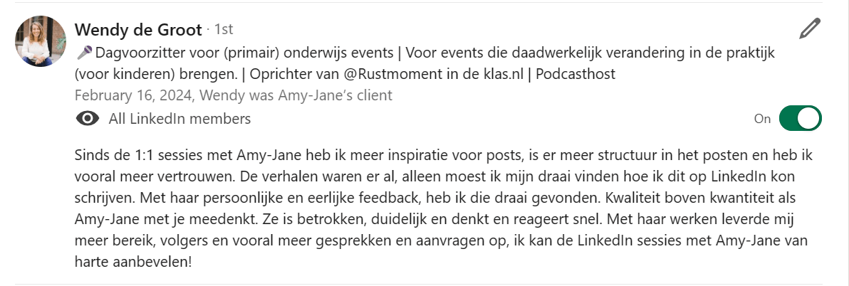 Amy-Jane Gielen, LinkedIn, personal brand, strategiesessie, viral posts, review, aanbeveling